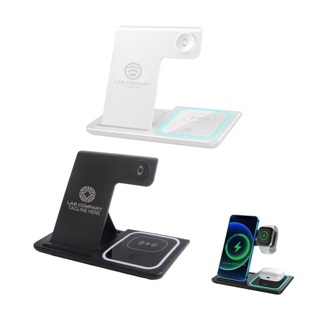 A 3-in-1 portable wireless charger in white and black, designed for charging phones and devices, featuring logos.