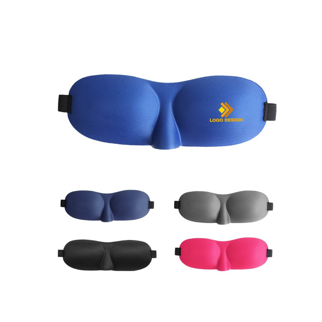 A cushioned eye mask available in blue, grey, black, and pink, featuring a logo design.