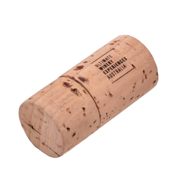 A cork-shaped flash drive in natural light brown, featuring a logo on its surface.