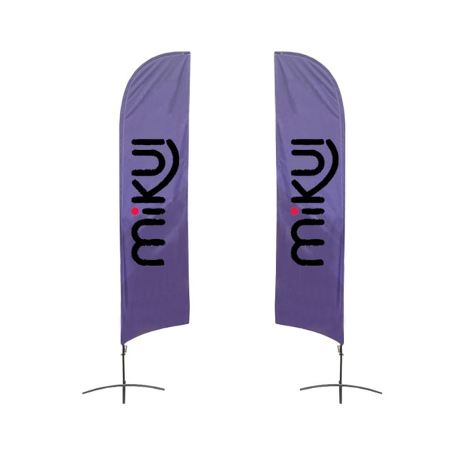 Two angled feather banners in purple, featuring a logo on each, designed for outdoor display.
