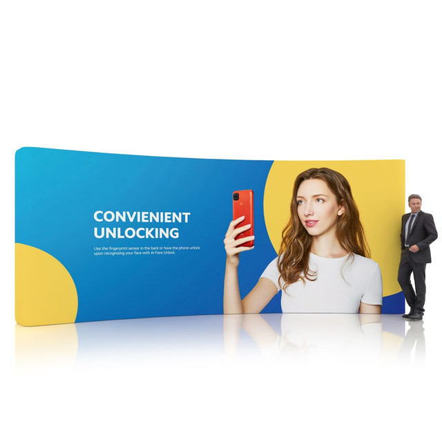 A curved tension fabric display wall featuring bold blue and yellow colours, with an image of a woman holding a smartphone.