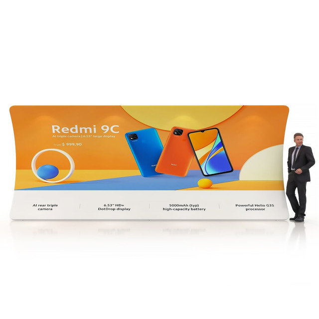 A large U-shaped tension fabric display wall featuring vibrant orange and blue colours, showcasing a smartphone with branding.