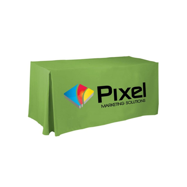 A green 4ft tablecloth with pleats and a logo emblazoned on the front.