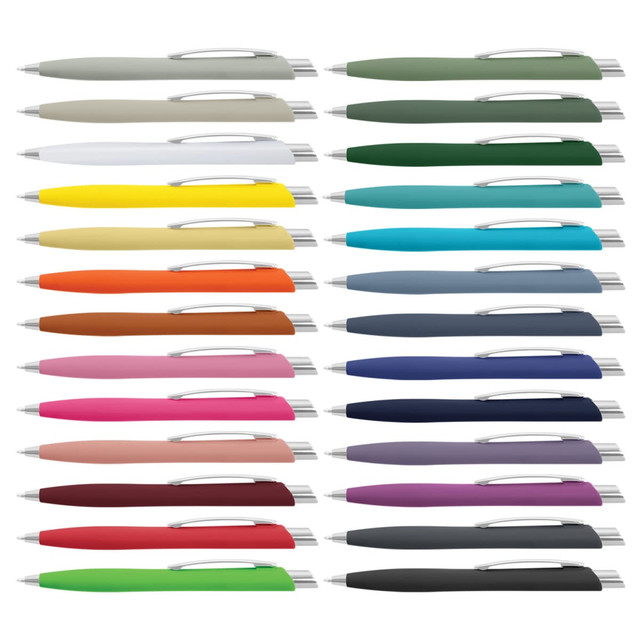 A collection of Javalin pens in various colours, featuring a sleek design and silver accents, arranged in rows.