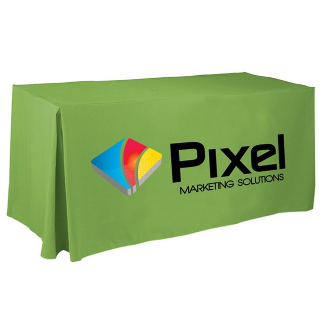 A green 8ft tablecloth featuring pleated sides and a logo, designed for promotional purposes.
