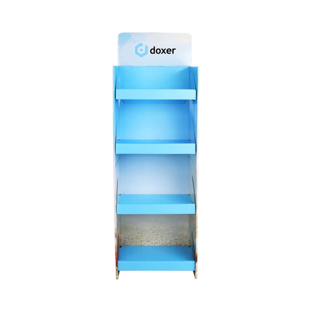 A cardboard floor display in blue with four shelves and a header featuring a logo.