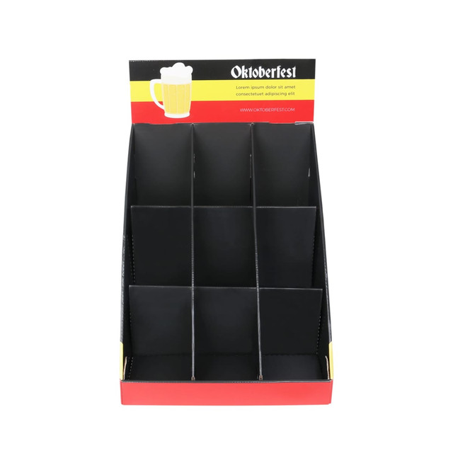 A black and red counter display with nine pockets for holding products, featuring a logo at the top.
