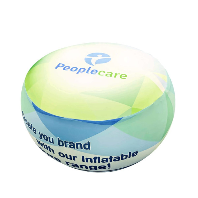 An inflatable ottoman in blue and green, featuring a logo and text on its surface.