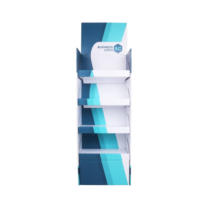 A premium cardboard floor display with a blue and white design, featuring five shelves and a base.