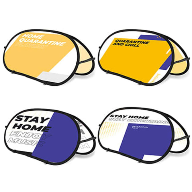Four bean-shaped pop-up banners featuring a mix of yellow, blue, and white colours and various designs. Each banner has a logo.