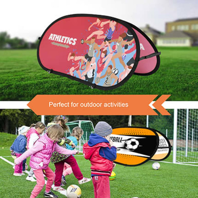 Bean-shaped pop-up banners in red and black, featuring sports graphics, suitable for outdoor activities.