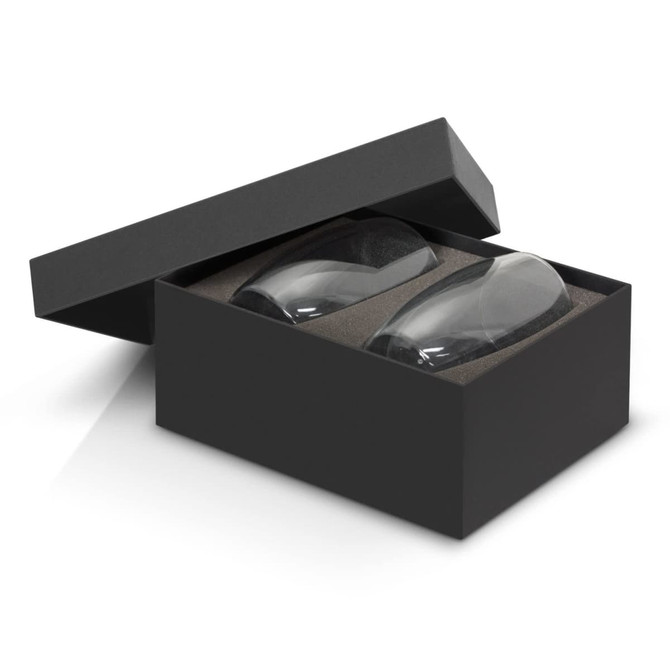 A set of two double wall glass tumblers in a black gift box with foam padding. Each glass appears clear and elegant.