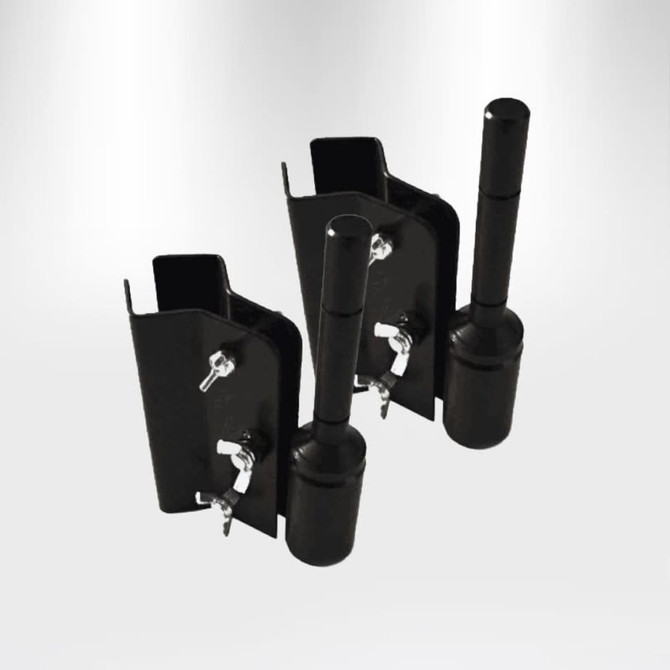 Two black tent pole holders with securing mechanisms, designed for supporting tent structures.