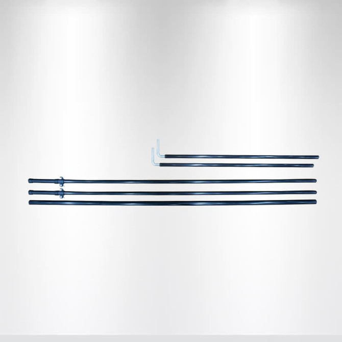 A collection of black tent poles, including a L-shaped piece, arranged neatly against a light background.