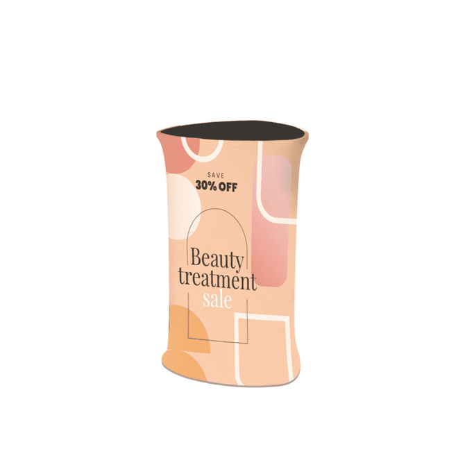 A triangular popup booth featuring an abstract design in soft peach and cream tones, with a branded logo.