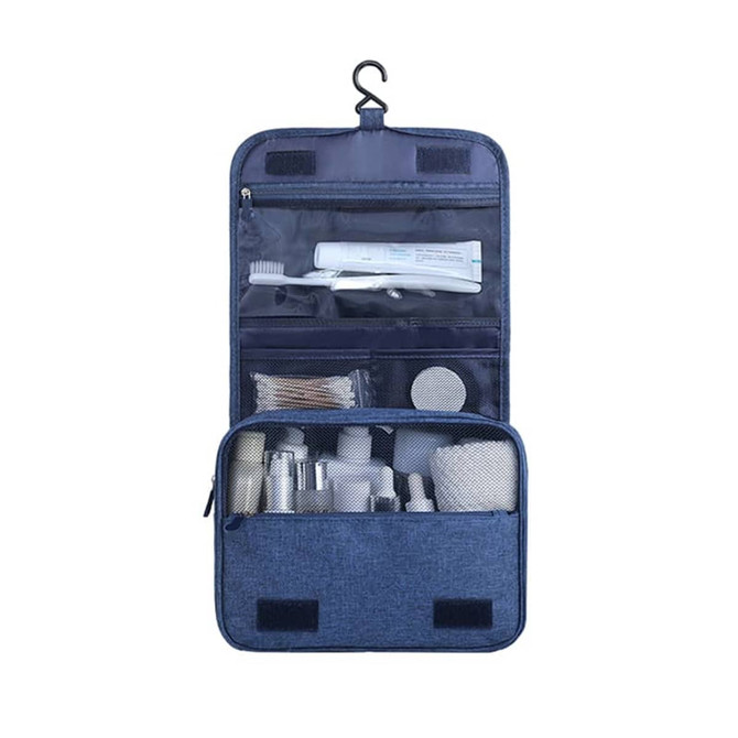 A navy travel hanging toiletry bag with multiple compartments for storing various toiletries and accessories.