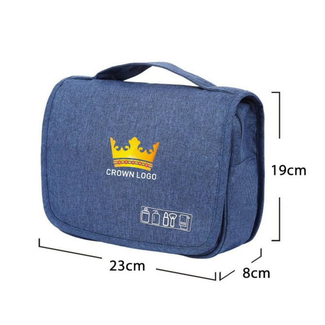 A blue travel hanging toiletry bag with a handle and a logo, featuring a compact design and multiple storage sections.