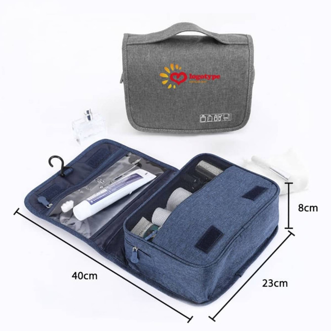 A grey travel hanging toiletry bag with compartments for toiletries, a hook, and a logo on the front.