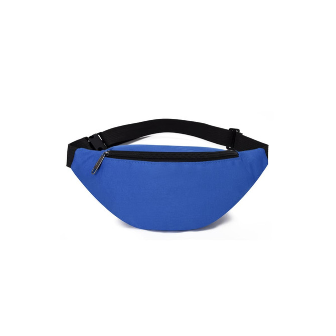 A blue bum bag with a zippered pocket and an adjustable black strap. It features a logo on the front.