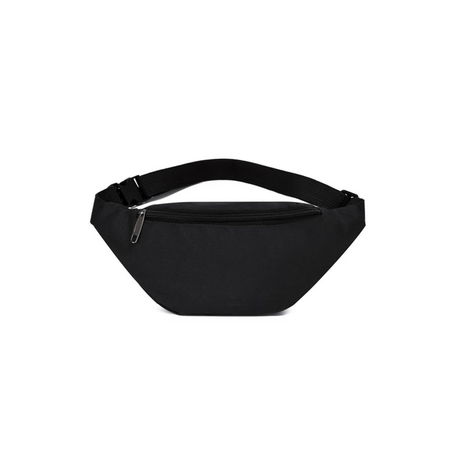 A black bum bag with a zippered pocket and an adjustable strap. It has branding visible on the material.