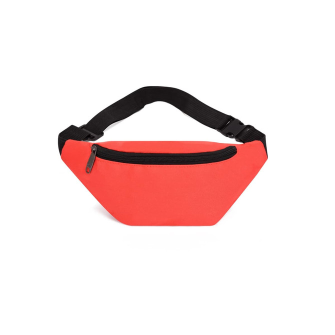 A red bum bag with a black zipper and adjustable strap. It features a logo on the front.