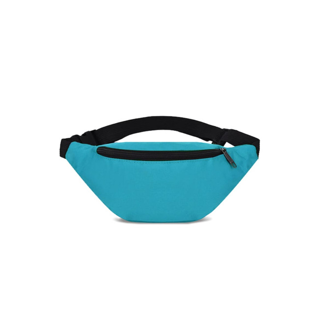 A teal bum bag with a black strap and a zippered front pocket. It has a simple design and features a logo.