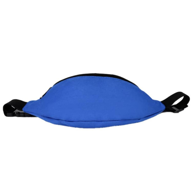 A blue bum bag with a black zipper and adjustable straps. It features a logo on the front.