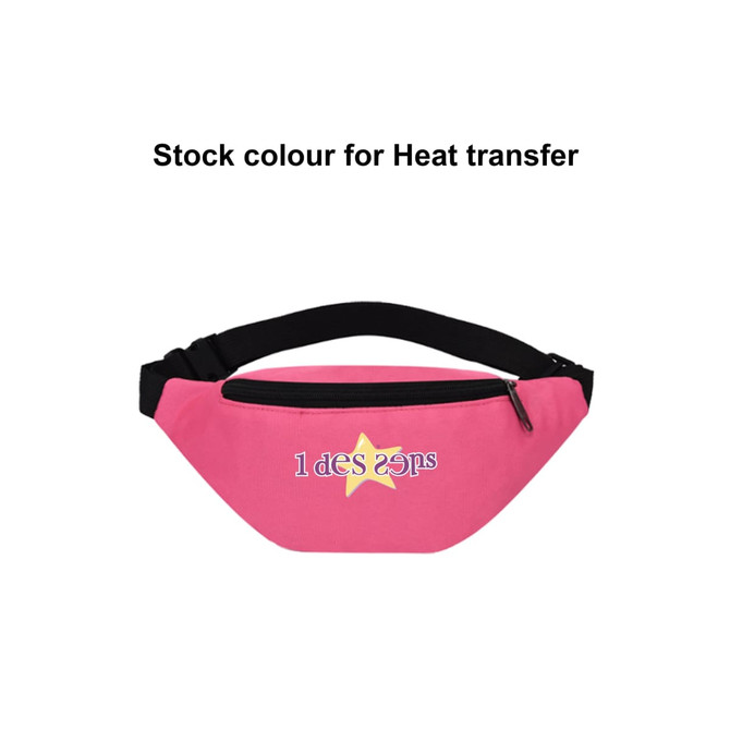 A pink bum bag with a zippered closure and an adjustable black strap. It features a logo on the front.