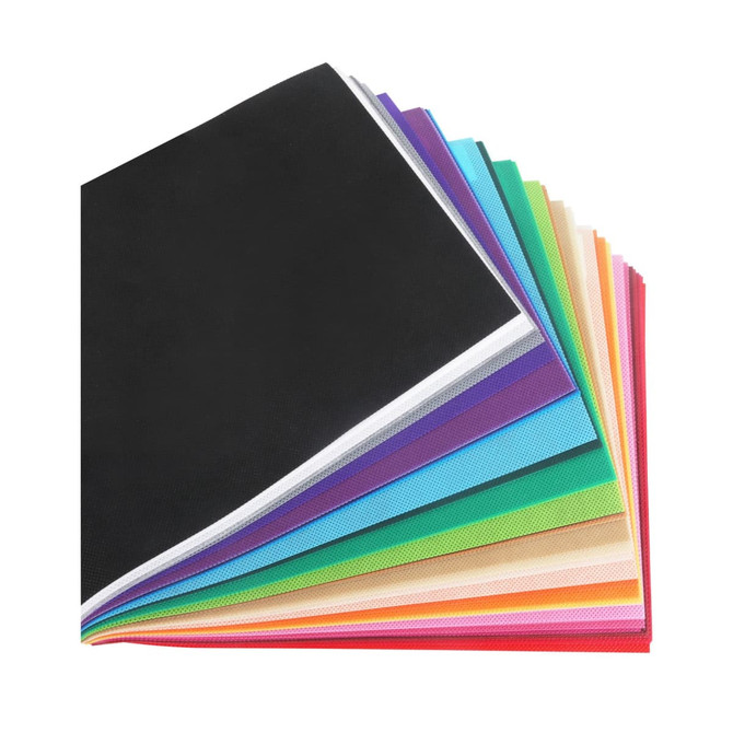 A collection of non-woven fabric sheets in various colours, including black, blue, green, and red, stacked together.