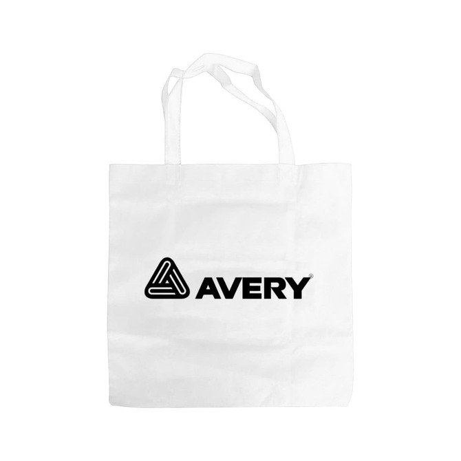 A white non-woven foldable bag with two handles and a logo printed on one side.
