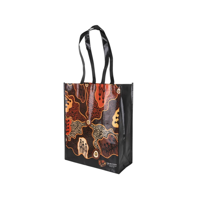 A laminated non-woven bag featuring a vibrant design in black, orange, and earthy tones, with sturdy handles and a large gusset.