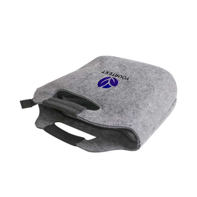 A grey felt cooler bag with a handle, featuring a logo on the front.
