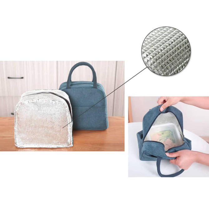 A blue insulated lunch bag with a silver reflective interior, featuring a handle and a zippered opening.