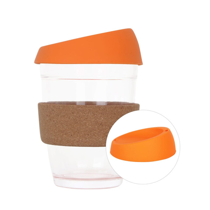 A reusable glass coffee cup with a cork band and an orange lid, designed for eco-friendly drinking.