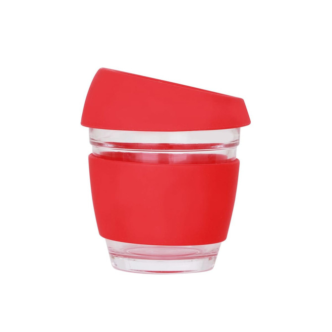 A drink bottle featuring a clear glass design with a bright red silicone sleeve and lid.