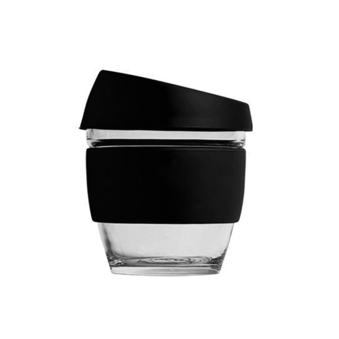 A reusable 8 oz glass coffee cup with a black silicone lid and sleeve. The cup is clear glass with a black accent.