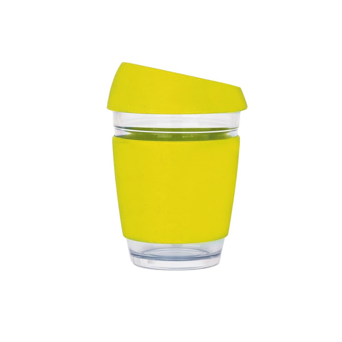 A reusable glass coffee cup in bright yellow, featuring a silicone sleeve and an angled lid, with a logo.