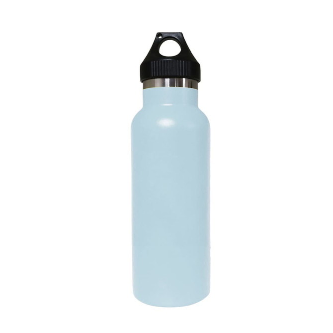 A drink bottle in light blue with a black lid, featuring a stainless steel base and a built-in loop for carrying.