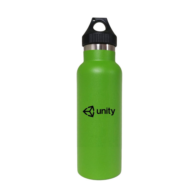 A drink bottle in bright green with a stainless steel interior and a black PP lid. It features a logo.