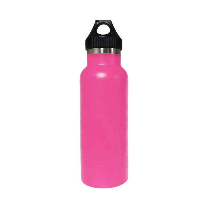 A drink bottle in bright pink, featuring a double wall vacuum design and a black PP lid, with a logo.
