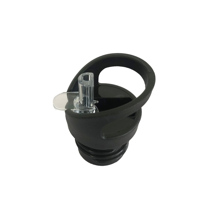 A drink bottle in black with a flip valve lid and transparent straw feature. It includes a logo on the surface.