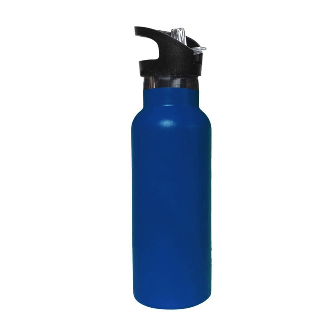 A drink bottle in blue, featuring a double wall vacuum design and a flip valve lid. It has a logo on the side.