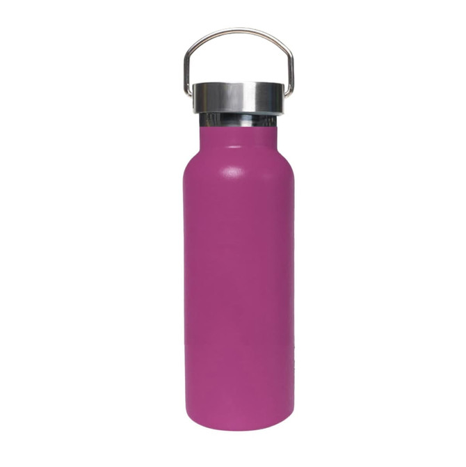 A drink bottle in vibrant pink with a stainless steel lid and a handle. It features a logo.