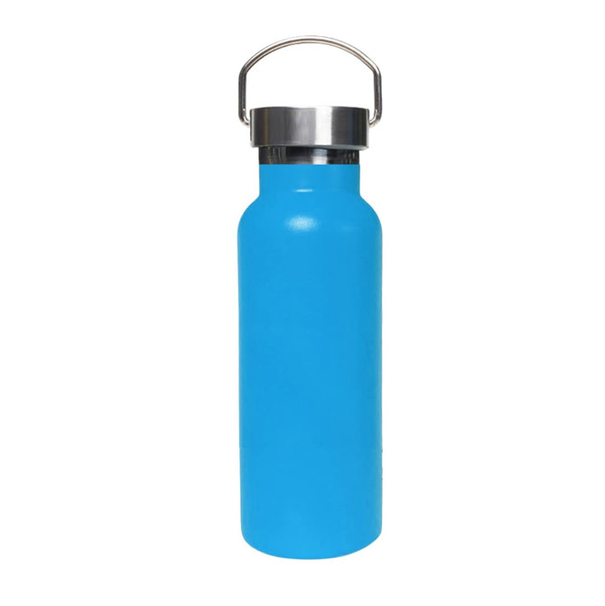 A drink bottle in bright blue, featuring a stainless steel lid and a built-in handle.
