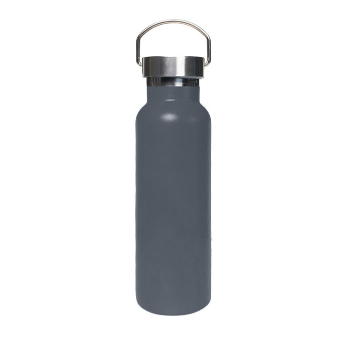 A drink bottle in a sleek dark grey finish, featuring a stainless steel lid and handle for easy carrying.