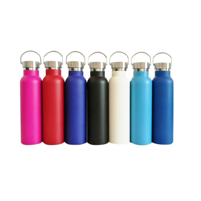 A drink bottle collection featuring pink, red, black, white, and blue options with stainless steel lids and a logo.