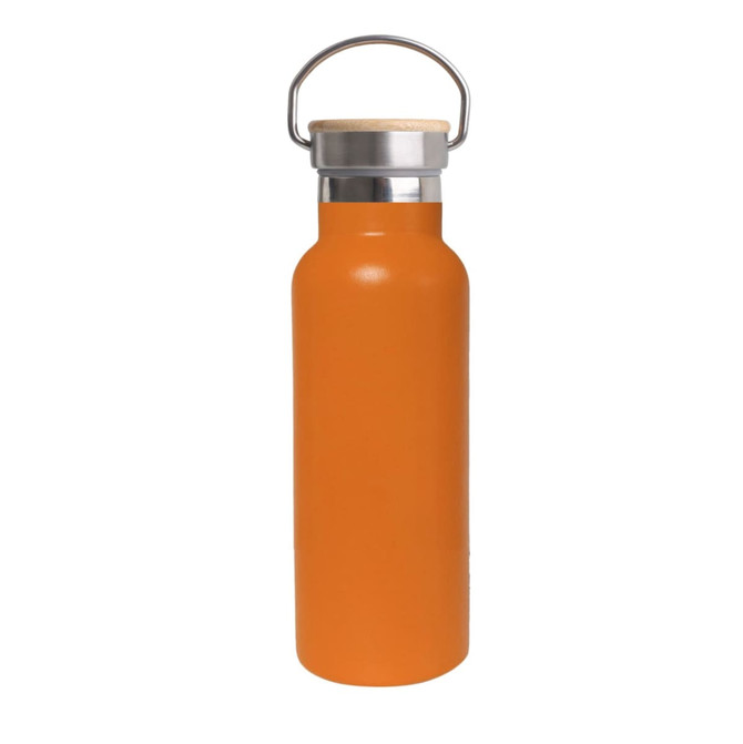 A drink bottle in vibrant orange with a bamboo lid and metal carry handle. It has a logo on the side.