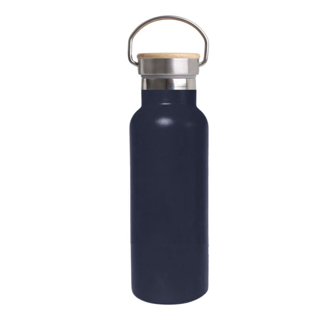 A drink bottle in navy blue with a stainless steel body and bamboo lid, featuring a metal handle.