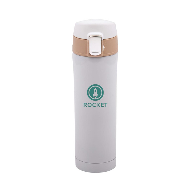 A drink bottle featuring a sleek white design with a brown flip top and a logo. Ideal for keeping beverages hot or cold.