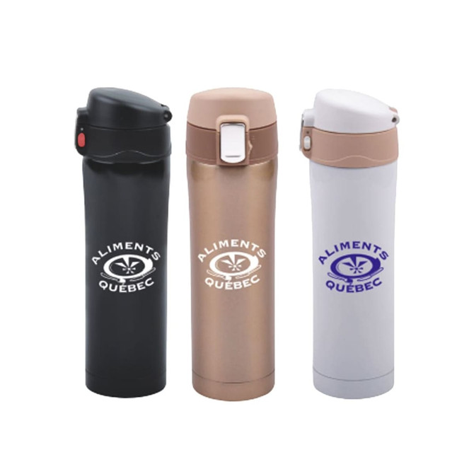 Three 450ml flip top stainless vacuum flasks in black, bronze, and white colours, each featuring a logo.